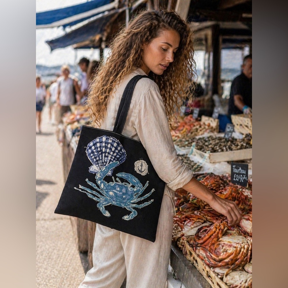 Hand Crafted Black Canvas Tote with Blue Crab & Shell Appliqué